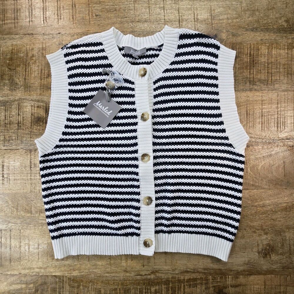 Marled Reunited Striped Knit Sweater Vest Cardigan White Navy L NWT